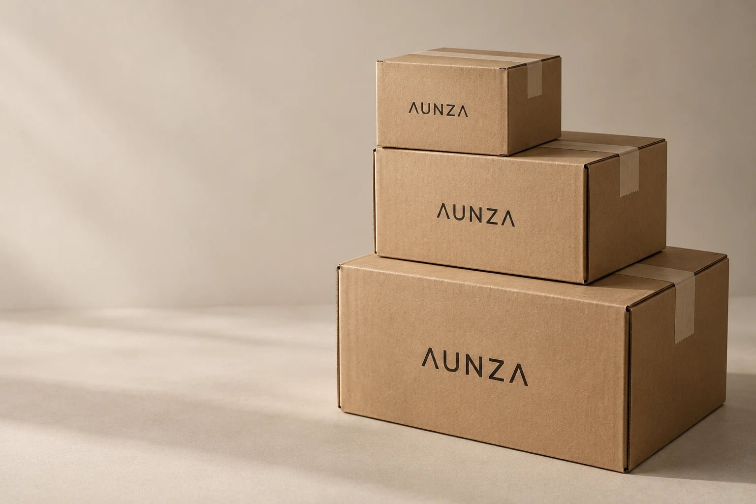 Una pila de cajas de cartón de envío impresas con el logotipo de AUNZA