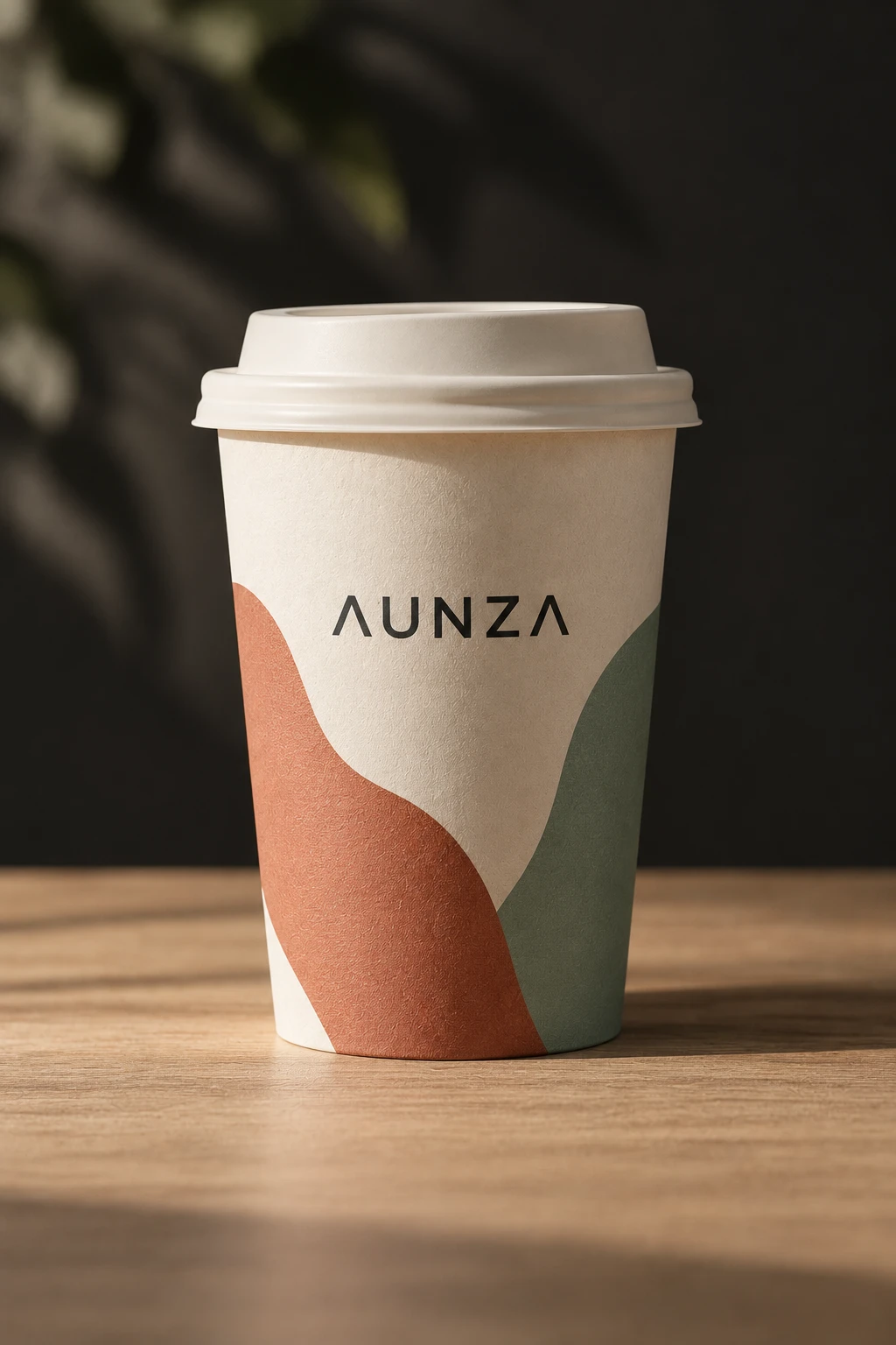 Vaso de café para llevar con formas en terracota y salvia y el logotipo de AUNZA