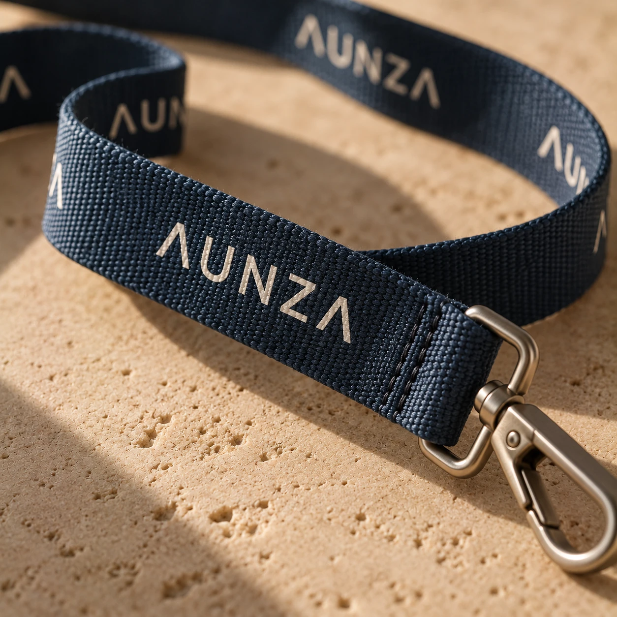 Detalle de un lanyard tejido y su mosquetón