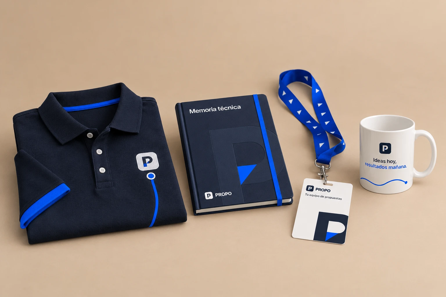 Polo, libreta, lanyard con acreditación y taza con la identidad de Propo
