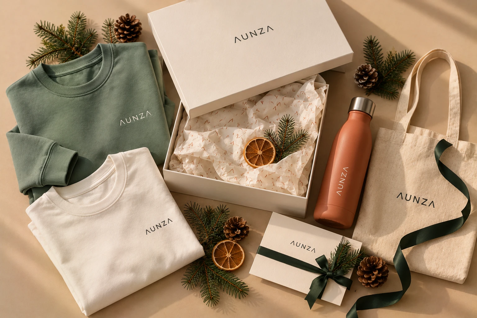 Kit navideño para un equipo: sudadera salvia, camiseta blanca, botella terracota, bolsa de lona y tarjeta alrededor de una caja abierta