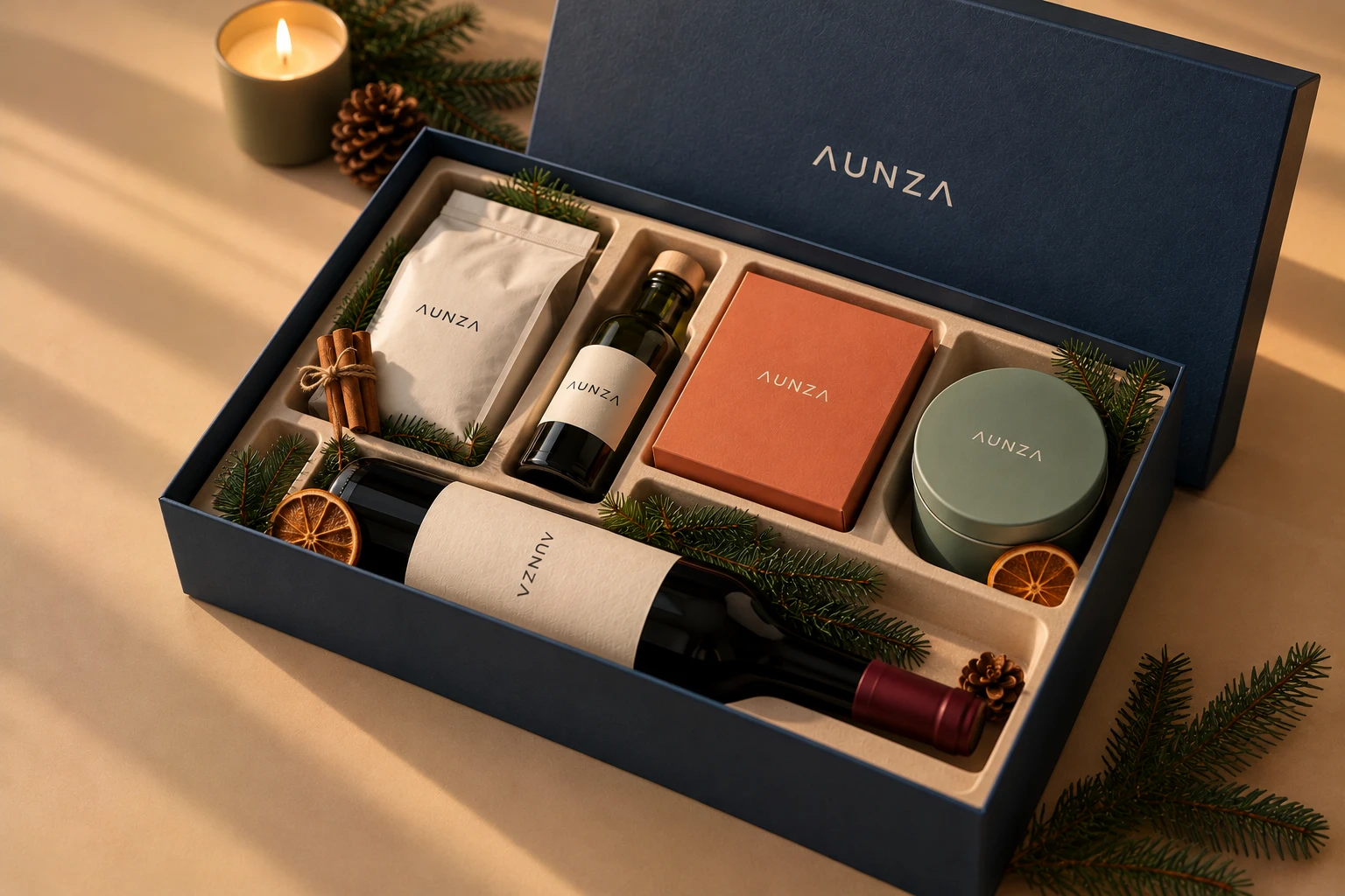 Caja de regalo azul profundo abierta, con vino, aceite de oliva, bombones, una lata y café, junto a abeto y naranja seca
