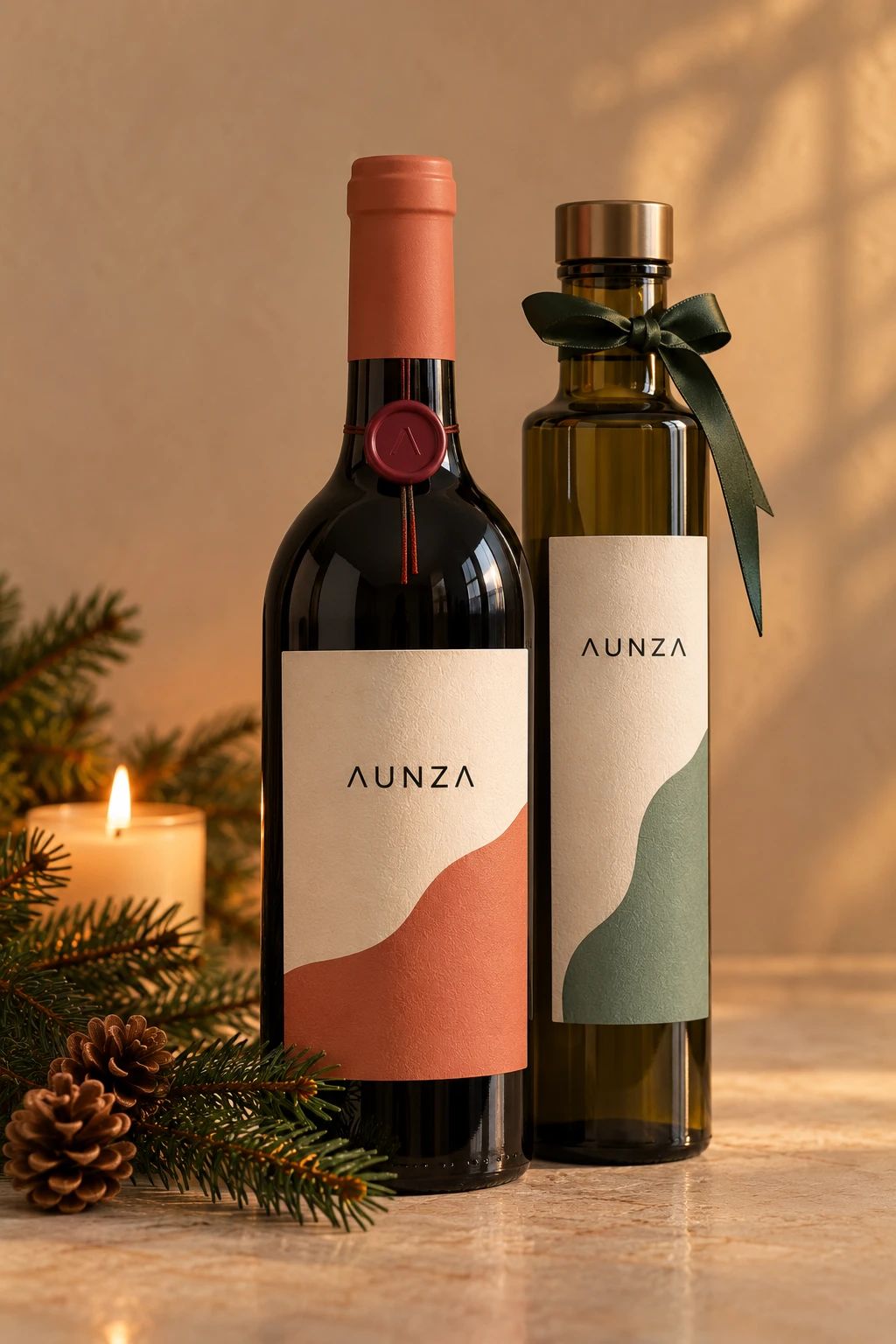 Una botella de vino y otra de aceite de oliva con etiquetas de AUNZA, junto a abeto y una vela encendida
