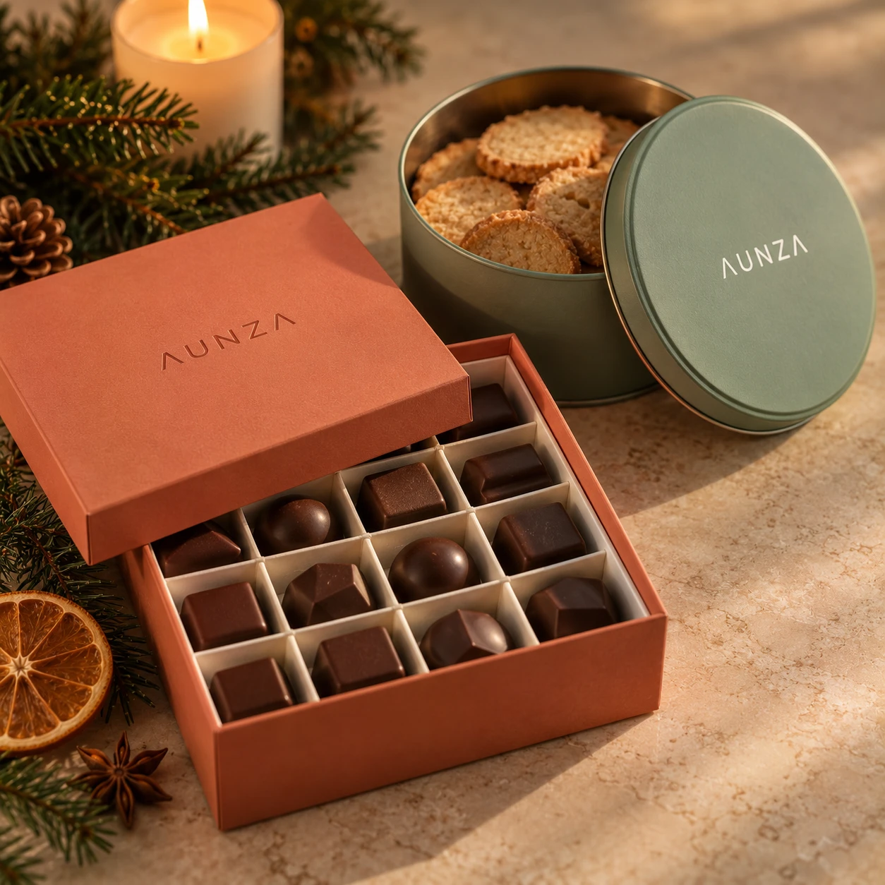 Una caja de bombones terracota abierta y una lata de galletas salvia, con abeto y naranja seca