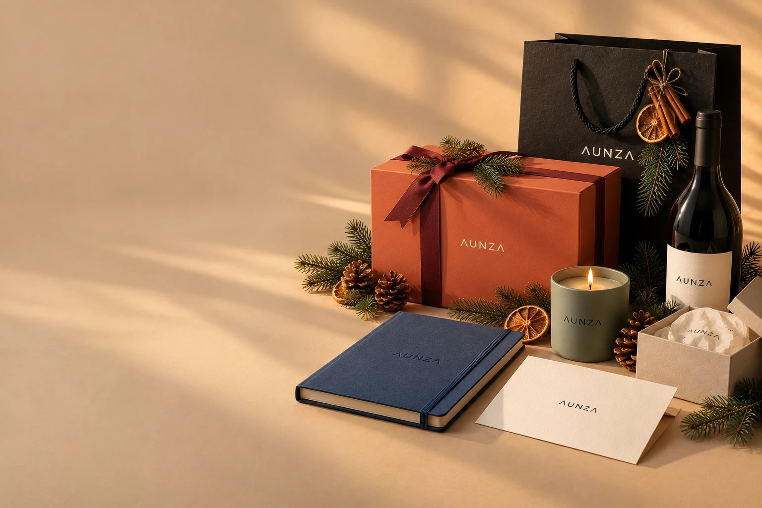 Composición navideña de regalos AUNZA: caja terracota con cinta granate, bolsa, botella, vela, cuaderno y tarjeta entre ramas de abeto