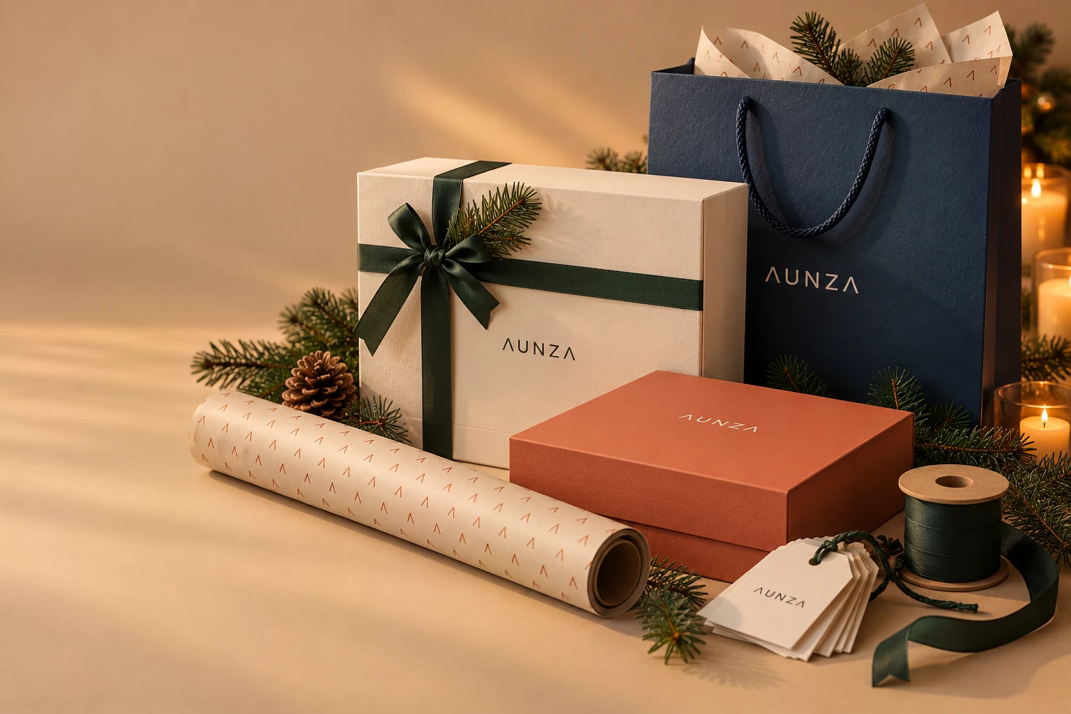 Familia de packaging navideño: cajas con cinta, bolsa azul, rollo de papel estampado, etiquetas y un carrete de cinta